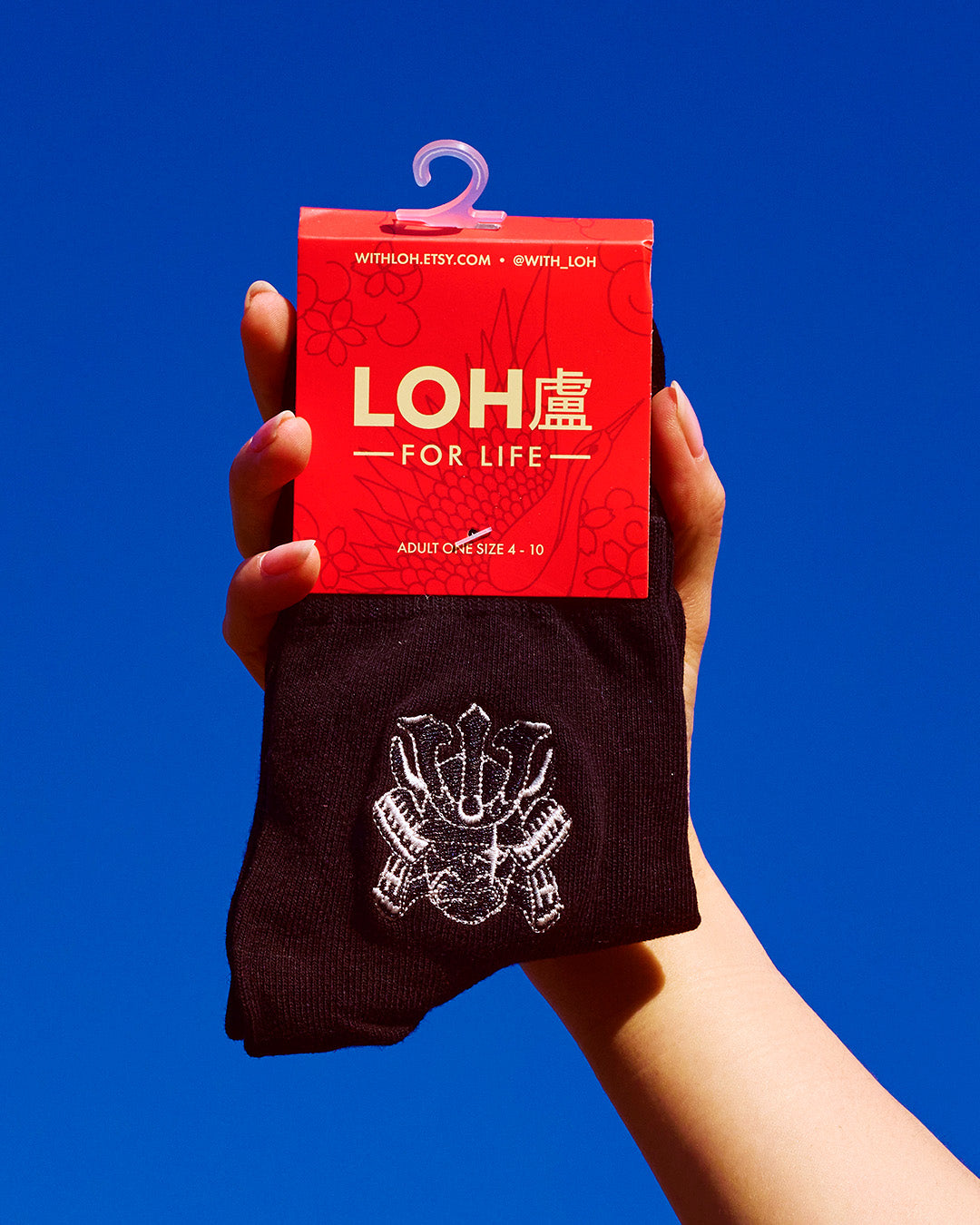 Samurai in Black Cotton Blend Socks • embroidery • Asian inspired • LOH
