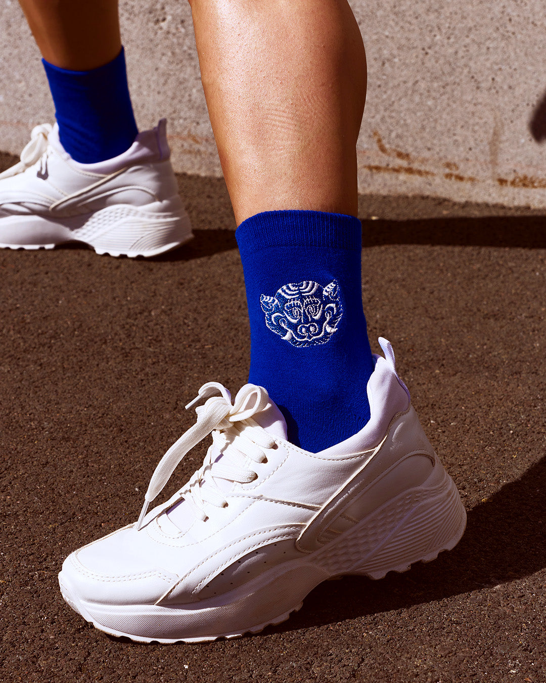 Tibetan Tiger in Cobalt Blue Cotton Blend Socks • embroidery • Asian inspired • LOH