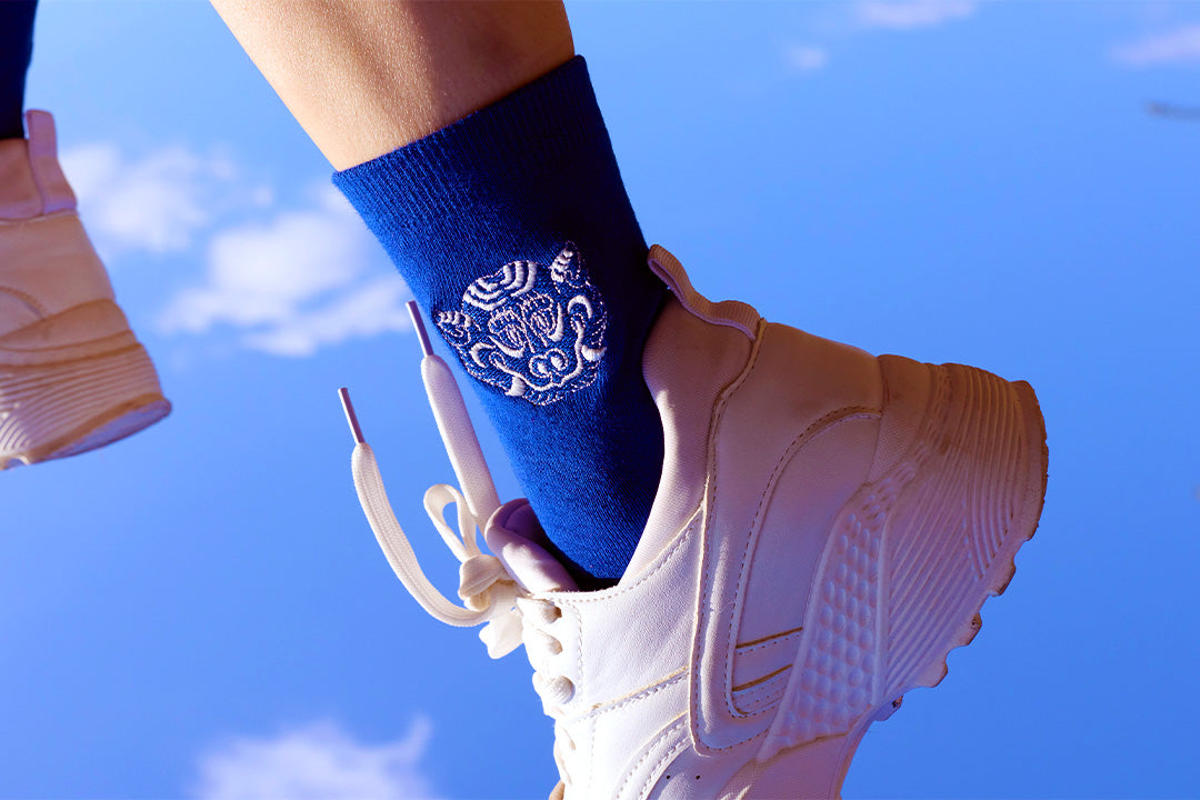 Tibetan Tiger in Cobalt Blue Cotton Blend Socks • embroidery • Asian inspired • LOH