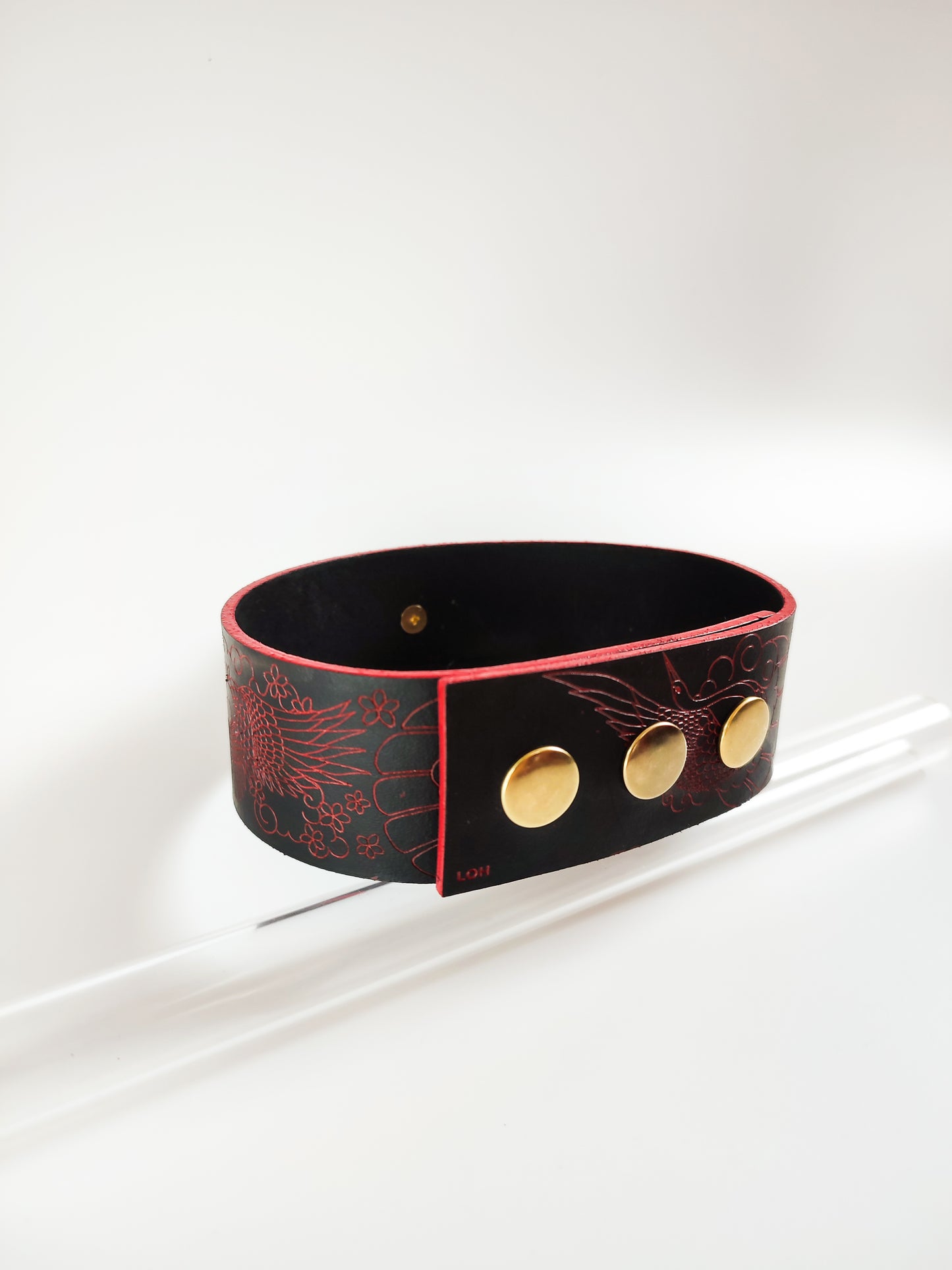 Genuine Leather Irezumi Bell Choker • Maneki Neko • Red or Black • Adjustable • With Velvet Gift Bag • LOH