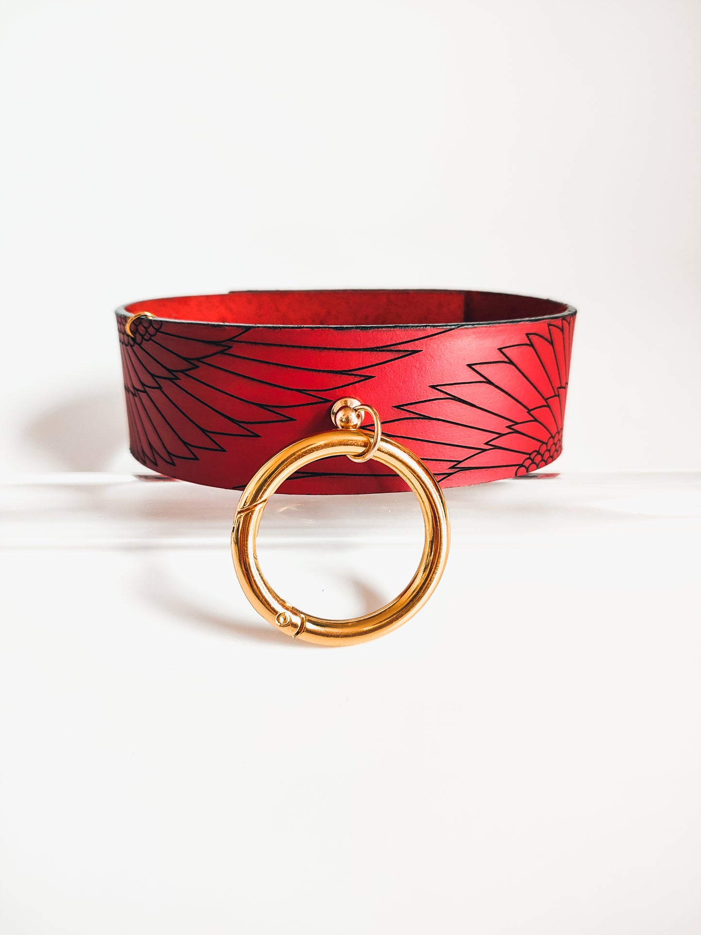 Genuine Leather Wing O-Ring Choker • Red or Black • Adjustable • With Velvet Gift Bag • LOH
