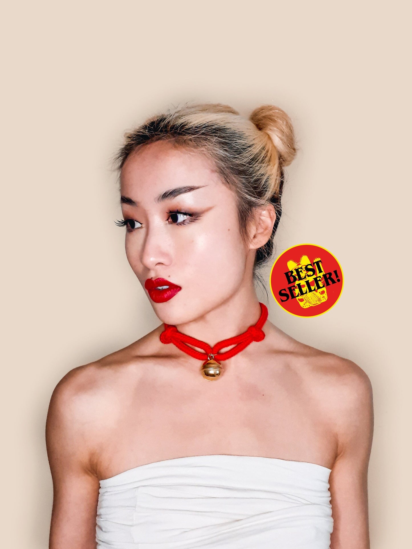 Rope Bell Choker • Maneki Neko • GOLD / SILVER & Red or Black • Magnetic • Adjustable • With Velvet Gift Bag • LOH
