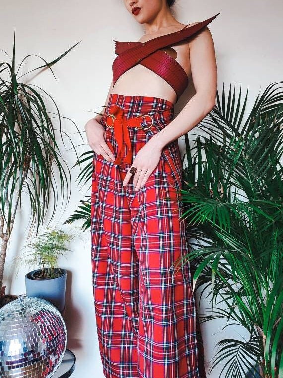 Punk Tartan Fishermans Pants Trousers • Customisable • Gold Trimmings • LOH