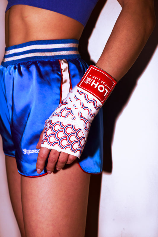 Asian Style Cotton Boxing Hand Wraps for Muay Thai & Kickboxing • White Dragon Scales Print • Seigaiha wave sea pattern