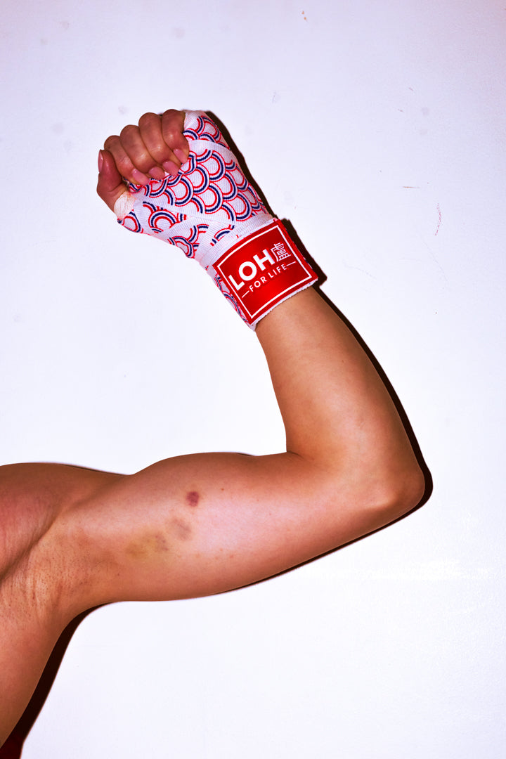 Asian Style Cotton Boxing Hand Wraps for Muay Thai & Kickboxing • White Dragon Scales Print • Seigaiha wave sea pattern