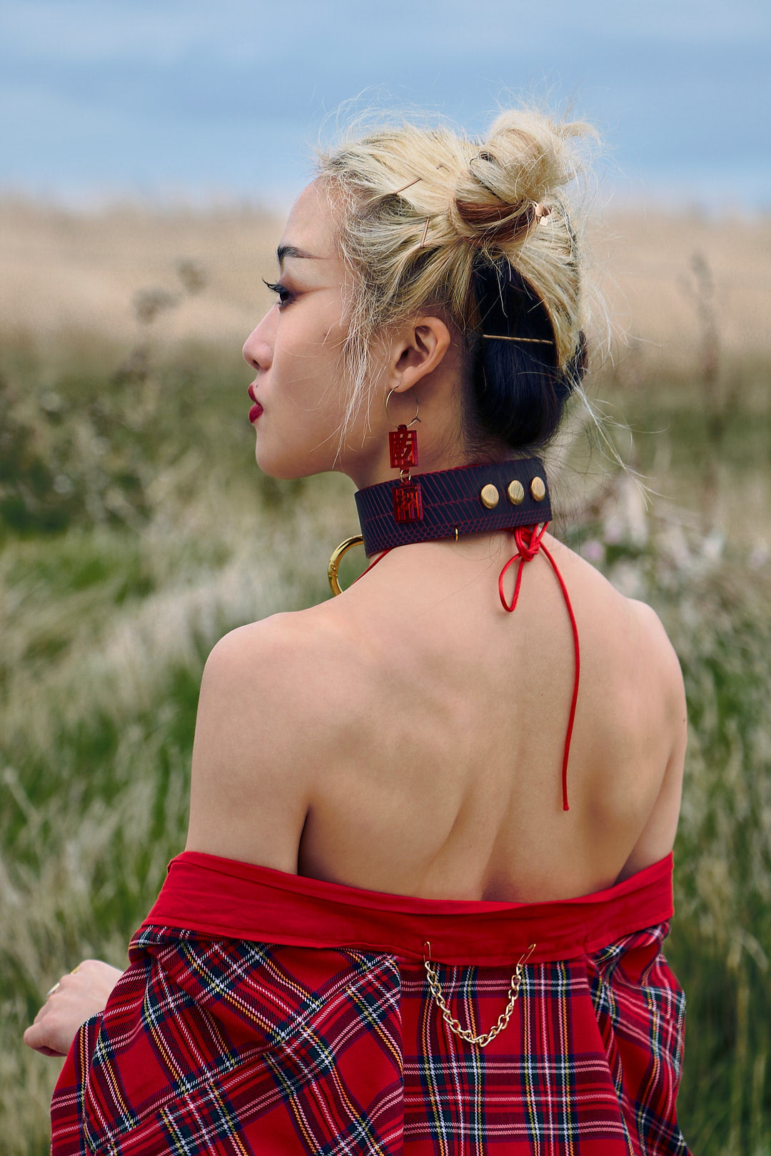 Genuine Leather Wing O-Ring Choker • Red or Black • Adjustable • With Velvet Gift Bag • LOH
