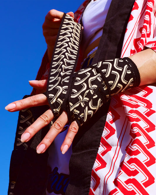 Asian Style Cotton Boxing Hand Wraps for Muay Thai & Kickboxing • Black Cream Chain Print • Yoshiwara Shima Matsuri Happi