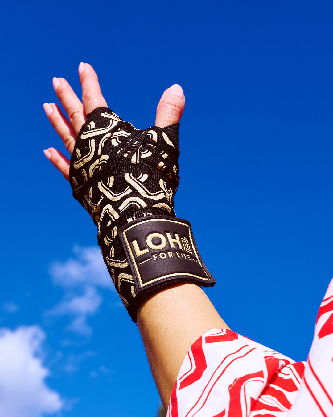 Asian Style Cotton Boxing Hand Wraps for Muay Thai & Kickboxing • Black Cream Chain Print • Yoshiwara Shima Matsuri Happi