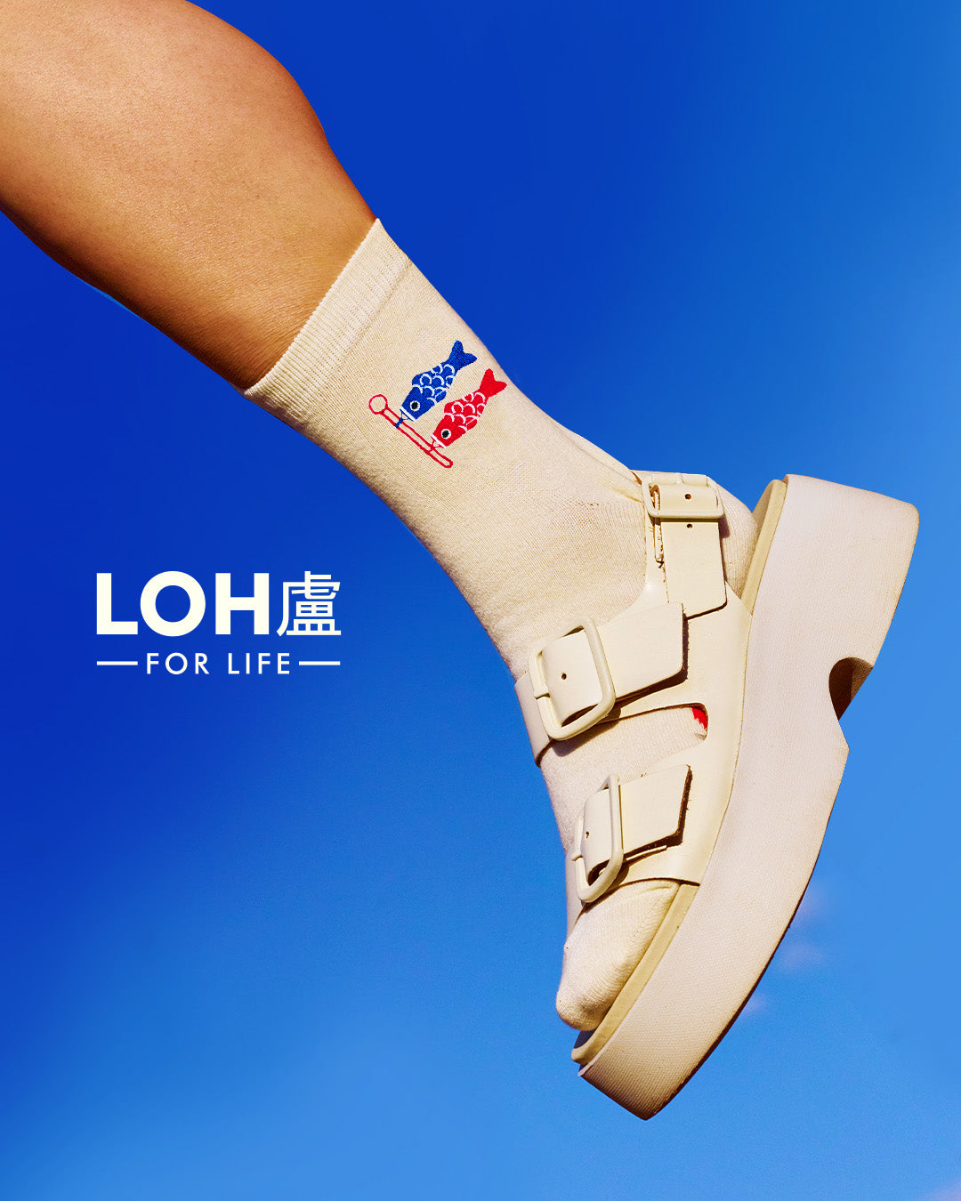 Koi Fish Flag Cotton Blend Cream White Socks • embroidery • Asian inspired • LOH