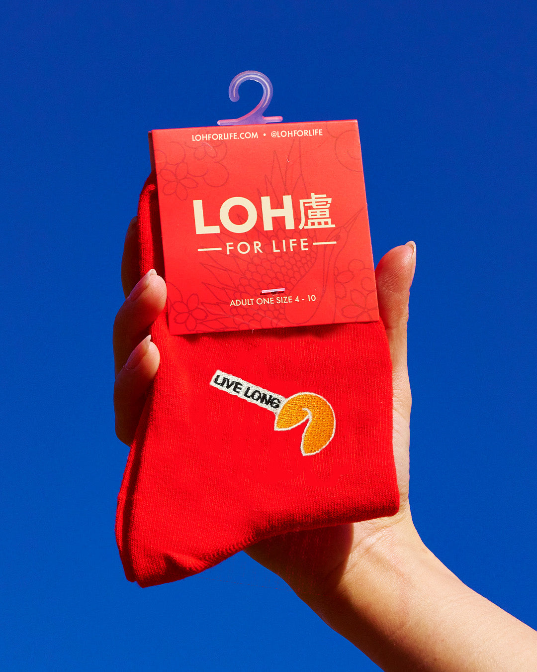 Lucky Red Fortune Cookie "LIVE LONG" Cotton Blend Socks • embroidery • Asian inspired • LOH