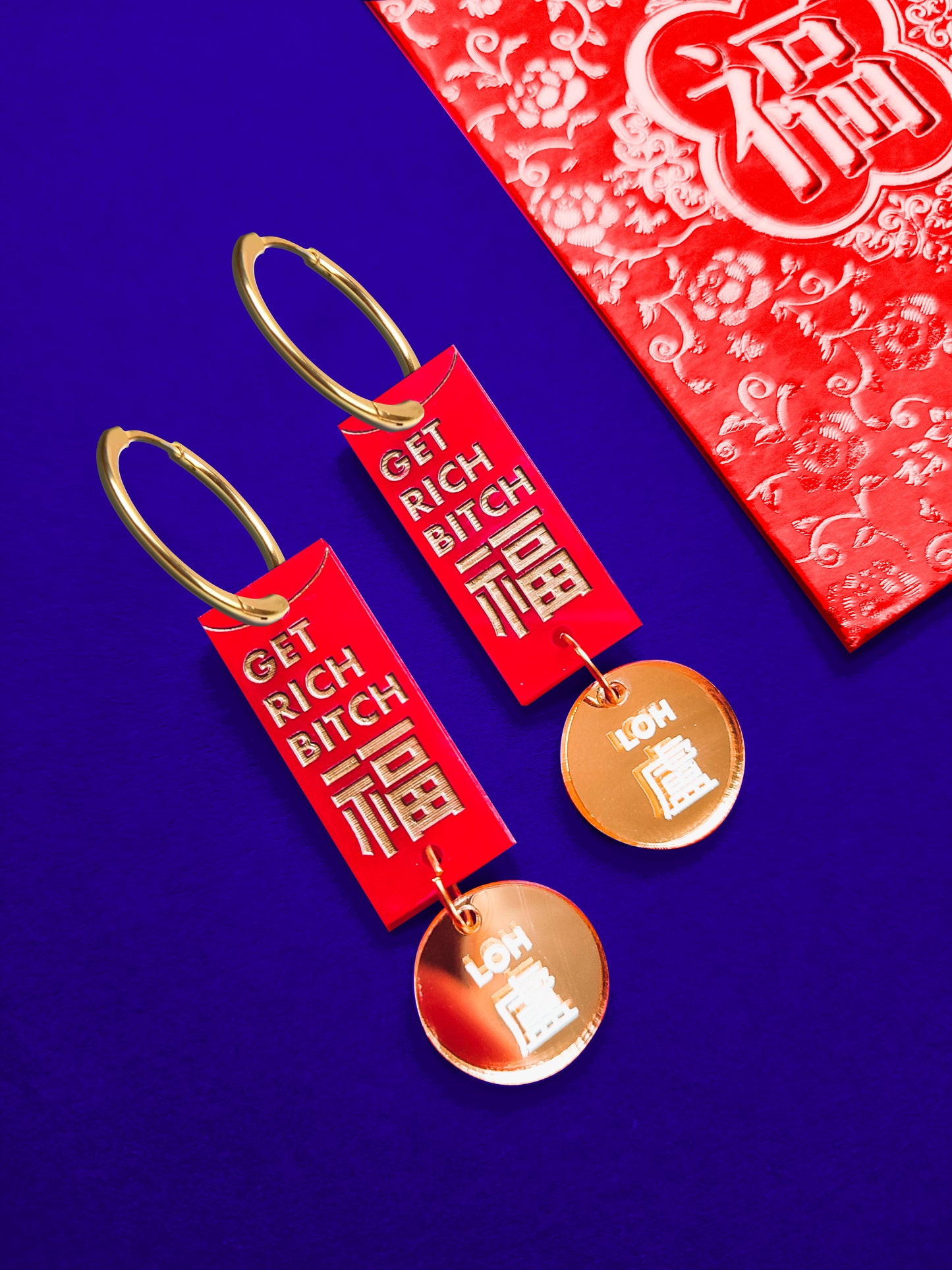 GET RICH BITCH • RED PACKET EARRINGS • Chinese New Year Lunar New Year Earrings