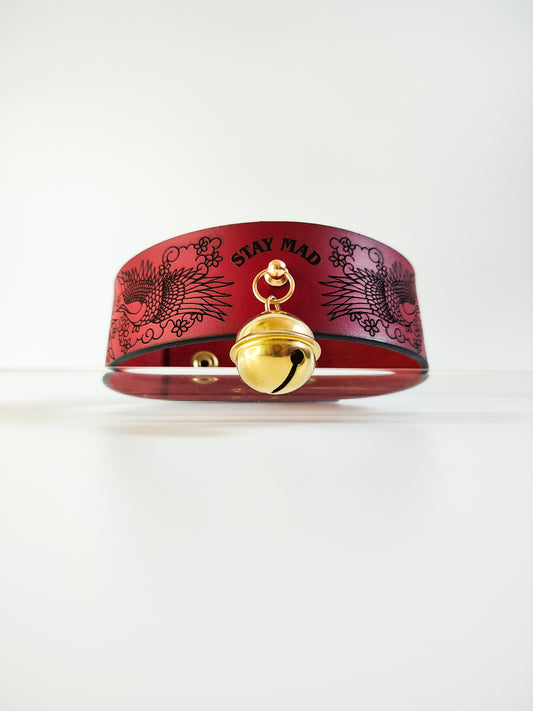Genuine Leather Irezumi Bell Choker • Maneki Neko • Red or Black • Adjustable • With Velvet Gift Bag • LOH