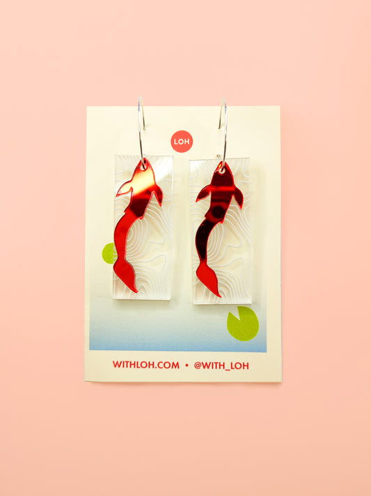 Asian Koi Fish Earrings • Mirror Red Gold Clear • Lucite Acrylic • Interchangeable Customisable • Asian Minimal Graphic Style