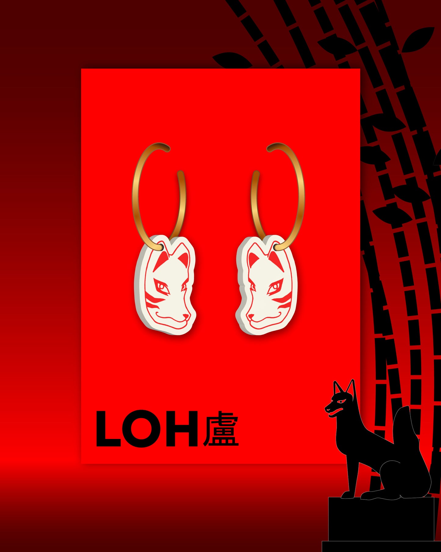 Kitsune Fox Mask Gold Hoop Earrings