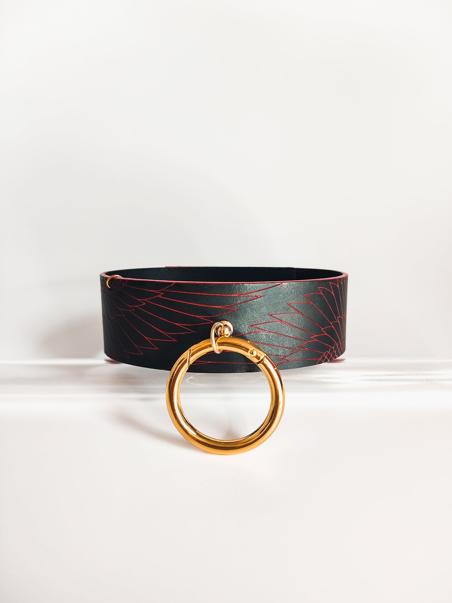 Genuine Leather Wing O-Ring Choker • Red or Black • Adjustable • With Velvet Gift Bag • LOH