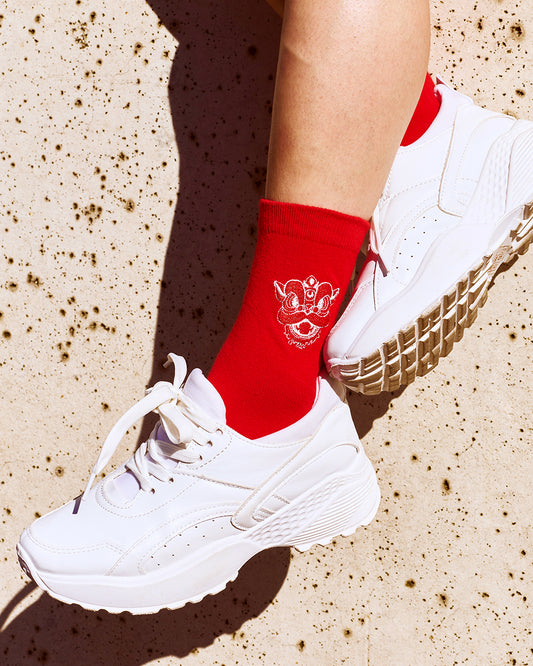 Lucky Red Lion Dance Cotton Blend Socks • embroidery • Asian inspired • LOH