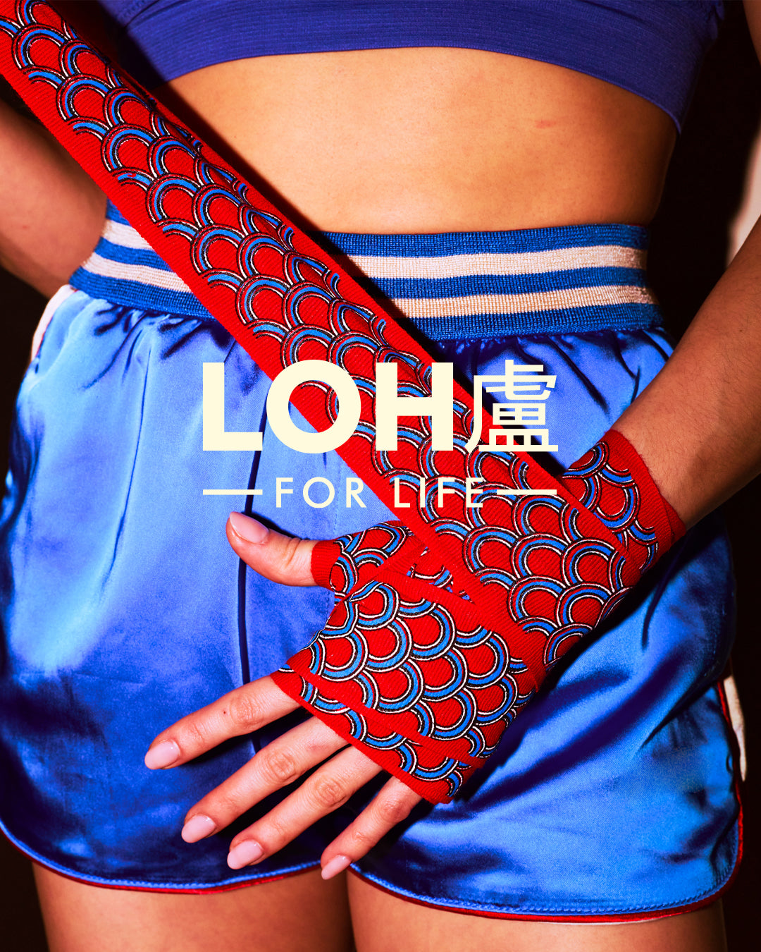 Asian Style Cotton Boxing Hand Wraps for Muay Thai & Kickboxing • Red & Blue Dragon Scales Print • Seigaiha wave sea pattern