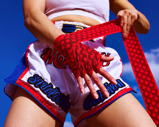 Asian Style Cotton Boxing Hand Wraps for Muay Thai & Kickboxing • Red Dragon Scales Print • Seikaiha wave sea pattern