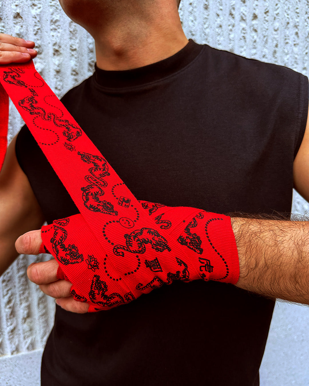 Asian Style Cotton Boxing Hand Wraps for Muay Thai & Kickboxing • Tiger Mahjong print in Red