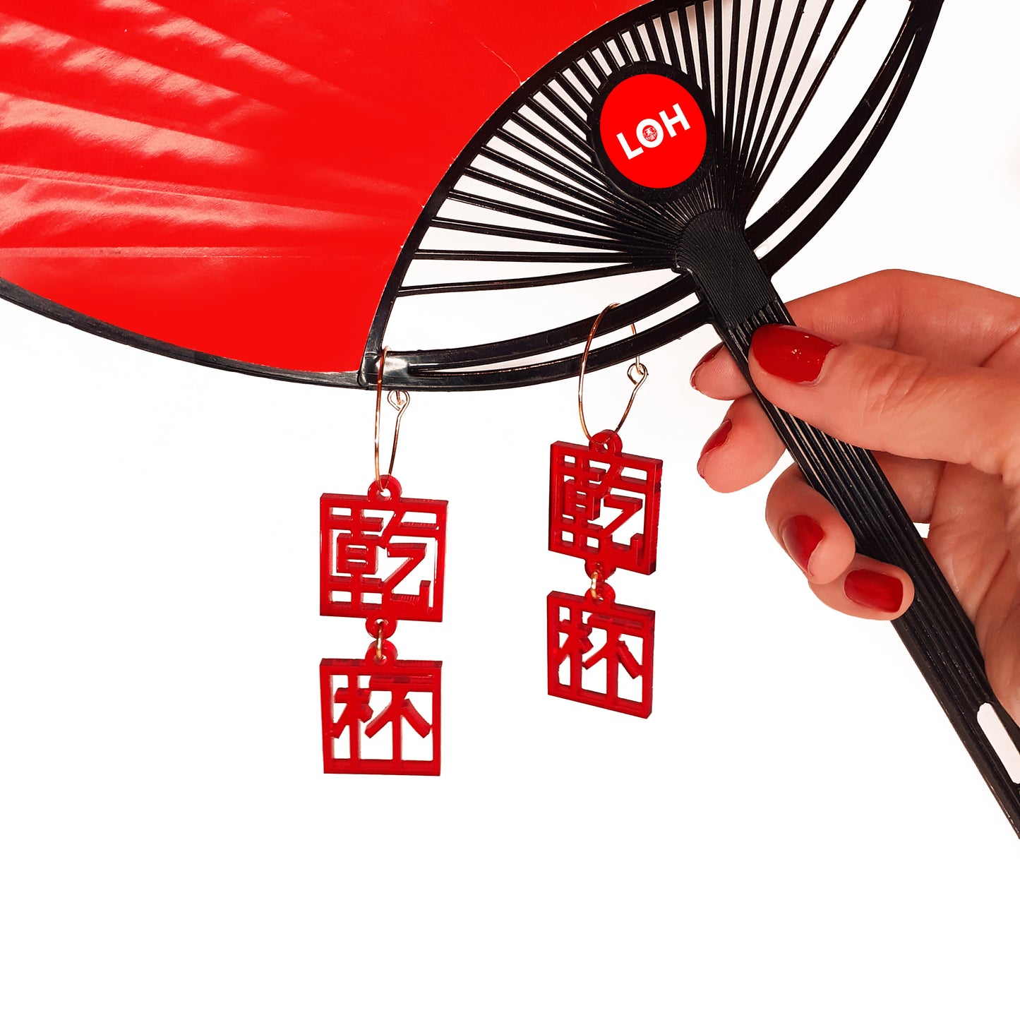 Kanpai Cheers Earrings 乾杯 • Clear Red & Solid Red Gold Silver Hoops