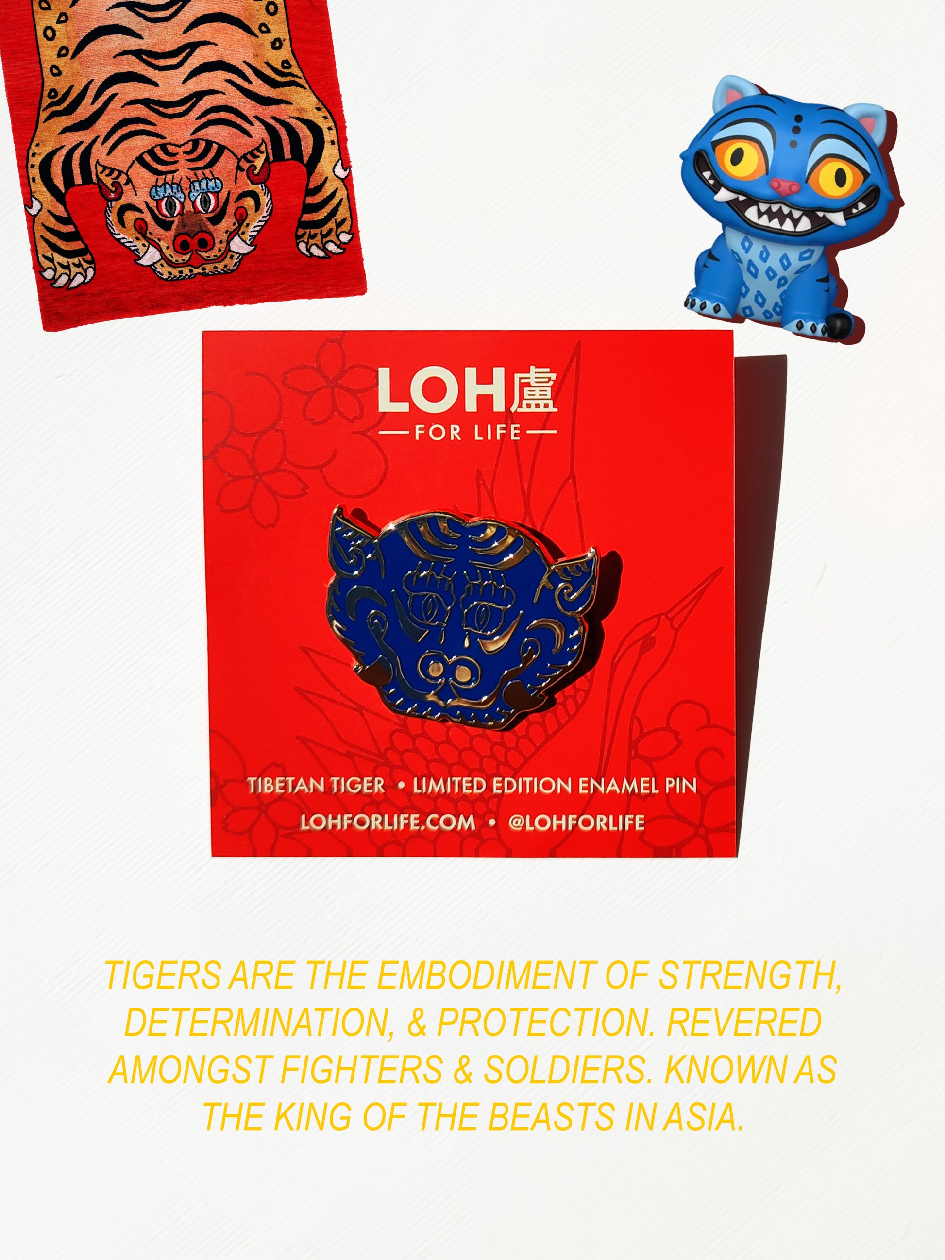 A blue Tibetan tiger enamel pin by Loh For Life, shown on its red packaging card with a matching tiger illustration and a small blue tiger figurine on a white background with yellow text.
