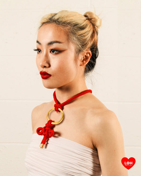 Shibari Rope Bondage Choker • Multiway Necklace • GOLD & SILVER • red or black •Japanese Samurai Knot Choker in Red • With Velvet Bag • LOH