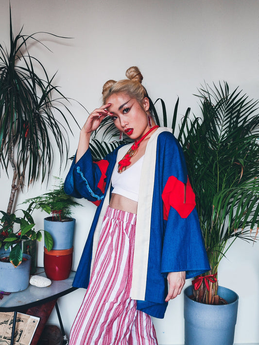 Alternative Beach Kimono • Denim Kimono with Boxing Wraps •  Unisex Genderless • Otosan • LOH