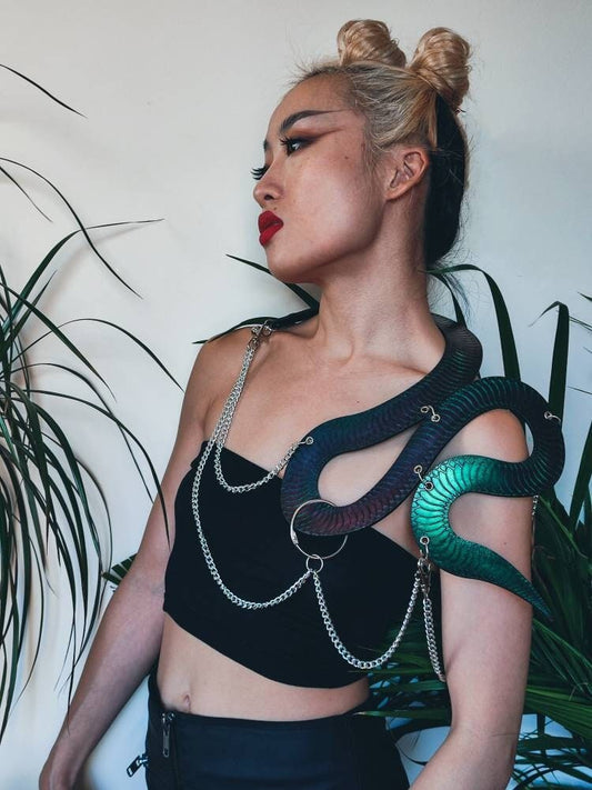 Fashion Harness Leather Ornate Fetishwear • Iridescent Rainbow SNAKE • Made To Order • LOH